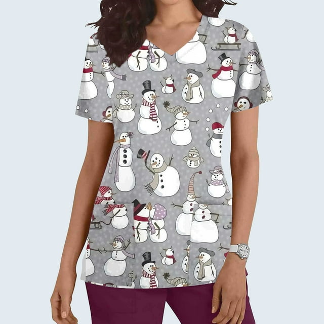 LSLJS Women's Fashion Short Sleeve V-Neck Tops Working Uniform Printing Pocket Blouse Tops, Christmas Scrub Tops