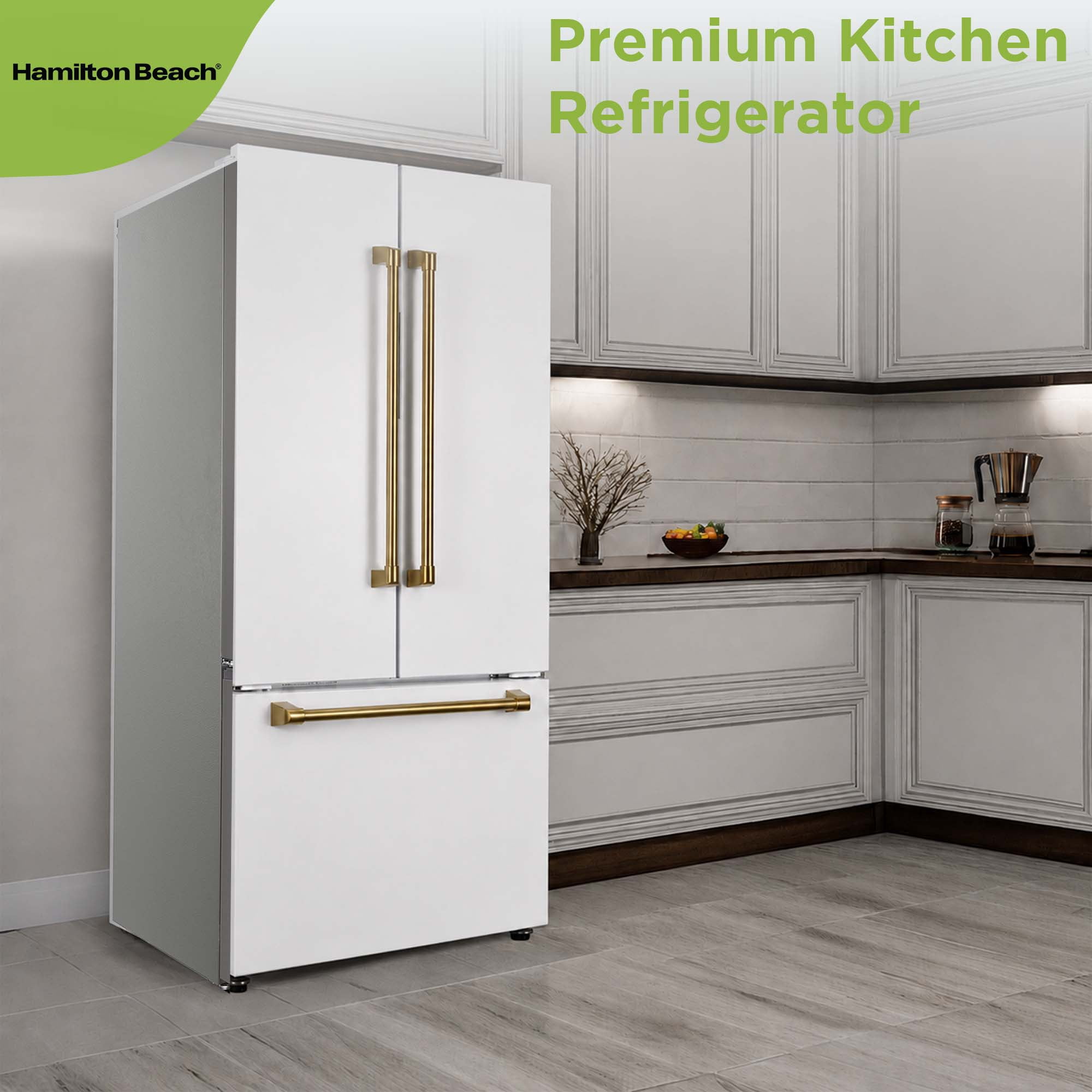 Hamilton Beach 17.7 Cu. ft. Frost Free French Door Refrigerator, Energy Star Rated Fridge with Inverter Compressor, LED Display, 6 Gallon Door Bins, Gold White