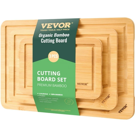 3-Piece Bamboo Cutting Board Set - Small/Medium/Large (9x6", 12x8", 15x10") w/ Built-in Handles & Juice Grooves - Eco-Friendly Kitchen Essential for Meat, Veggies & Cheese