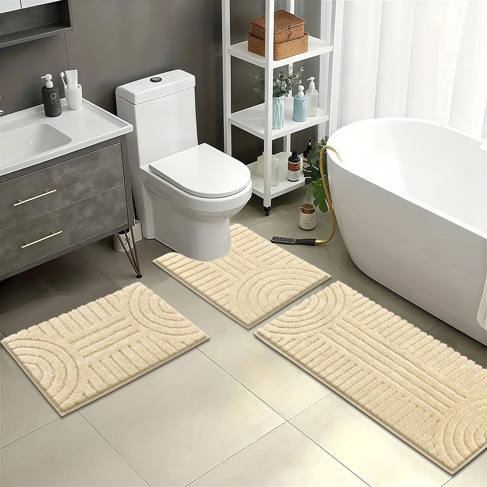 Bathroom Rugs Sets 3 Piece, Soft Absorbent Microfiber Bath Mats and U-Shaped Contour Toilet Rug, Plush Shaggy Bath Mat Set for Bathroom