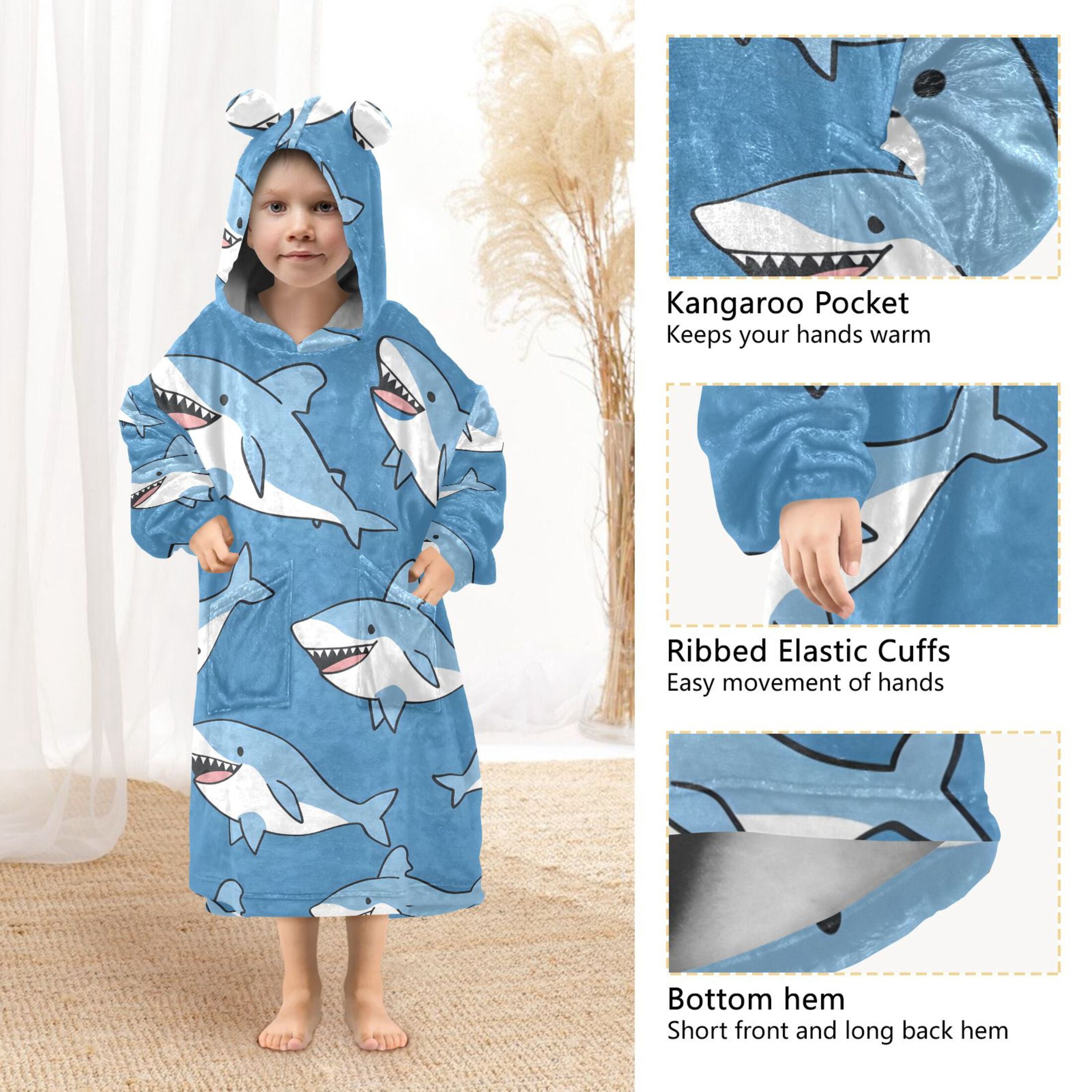 joogoo Wearable Blanket Hoodie for Kids Cute Sharks Cartoon Flannel Oversized Sweatshirt 3-14 Years M
