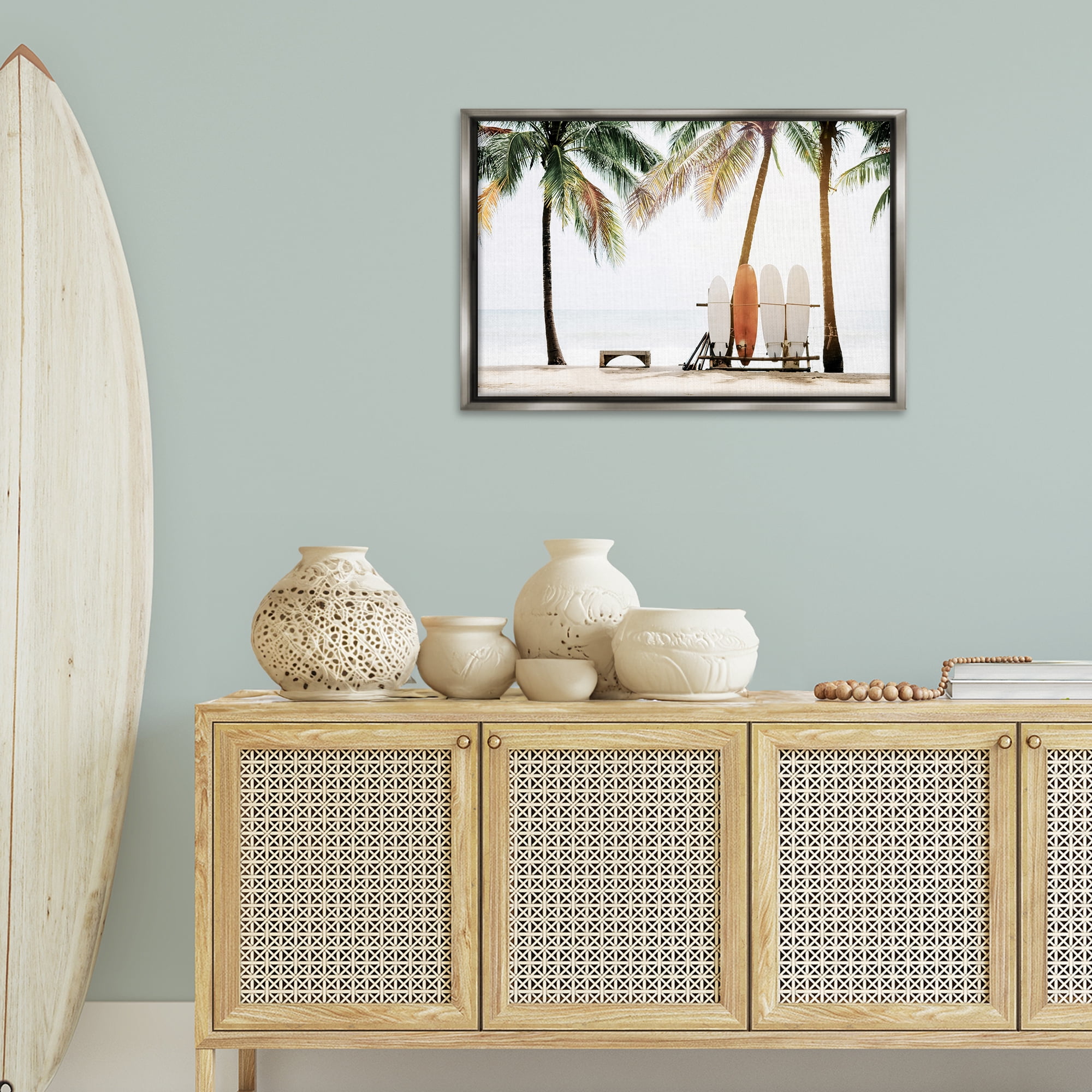 Stupell Industries Hawaii Surfing View Nautical & Beach Photography Gray Floater Framed Canvas Art Print Wall Art, 31 x 21