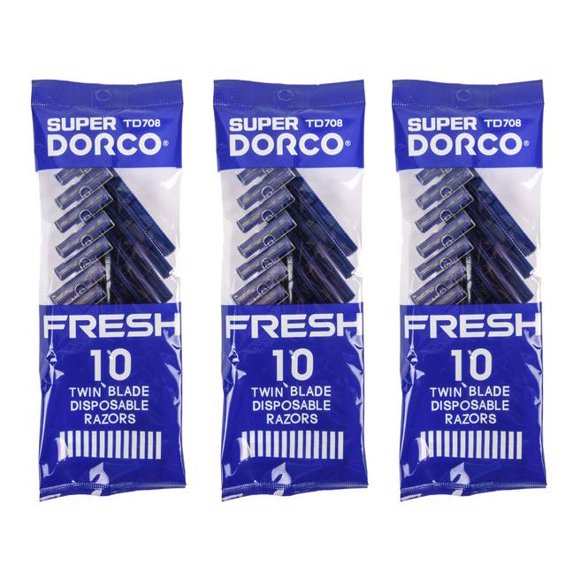 3 Pack of DORCO SUPER FRESH TWIN BLADE DISPOSABLE RAZORS - 10CT/Pack, total 30 counts