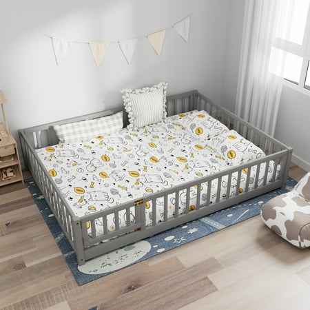 Queen size Floor Platform Bed for Kids Wood Platform Bed with Safety Guardrails and Door Low Profile Montessori Bed Frame with Slats Support Easy Assembly No Box Spring Needed Grey