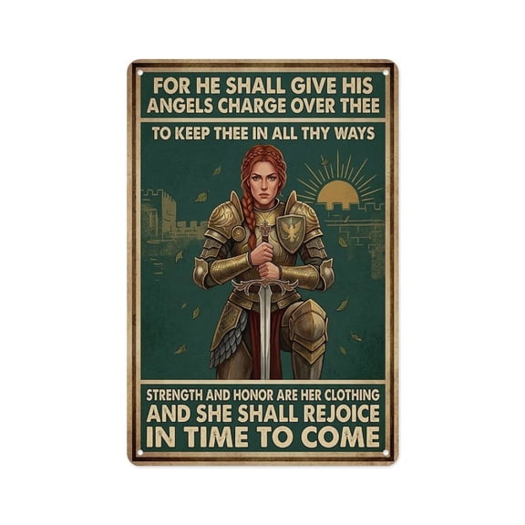 Female Knight Strength And Honor Inspirational Sign Metal Tin Sign Wall Decor Wall Art Vintage Room Decoration Tin Painting Poker Room Poster for Home Man Cave Bar Cafe Store Garage Or Club 12x8 Inch