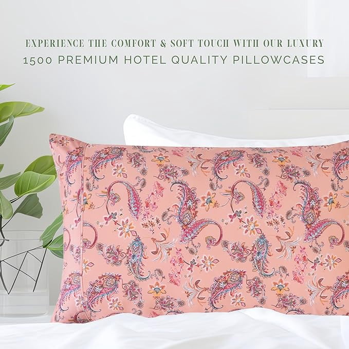 Elegant Comfort Set of 2 Floral Print Pillowcases, 1500 Series Hotel Quality Microfiber, Soft and Smooth with Envelope Closure, Standard/Queen, Paisley Coral