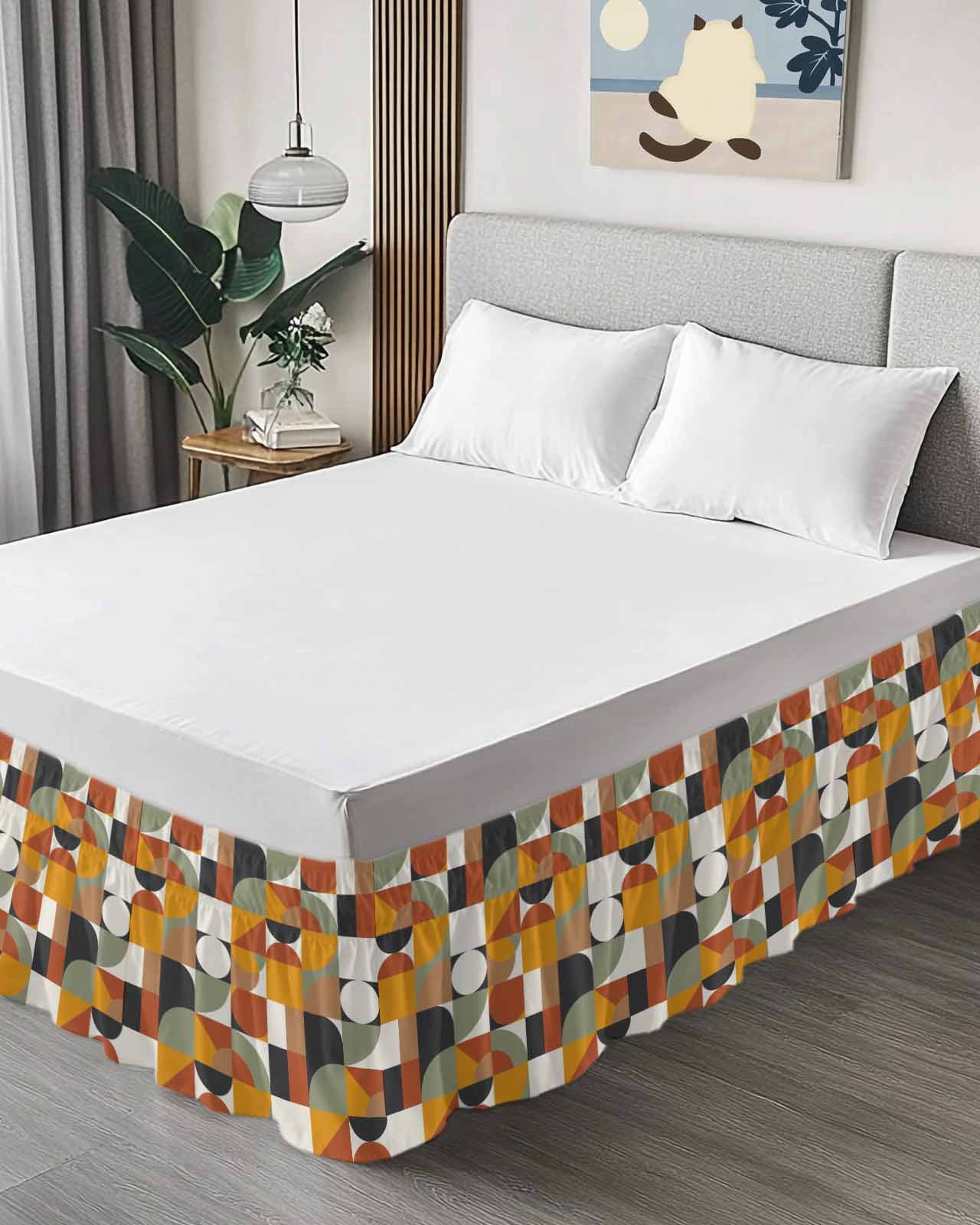 Nordic Retro Ruffle Bed Skirt California King Size Orange Black White Geometric Abstract Art Adjustable Elastic Dust Bed Skirts Wrap Around Bedskirt Wrinkle Free Easy Fit with 16 Inch Drop