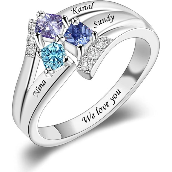 Sterling Silver Personalized Mothers Ring with 1/2/3/4/5/6/7/8/9 Simulated Birthstones for Mom Engraved Name Ring for Women Promise Rings for Her Custom Family Ring for Wife Grandmother J