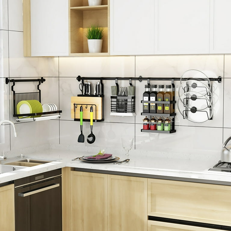 11 Type Wall Mounted Utensil Hanging Rod Stainless Steel Storage Rack Baking Paint Multifunctional Wall Shelf Organizer Holder Rack Rustproof Spice