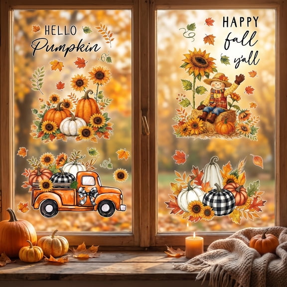 Smile 77 PCS Large Size Fall Window Cling Sticker, Thanksgiving Autumn Harvest Dogs Pumpkin Leaves for Home Party Supplies Shop Window Glass Display Decoration
