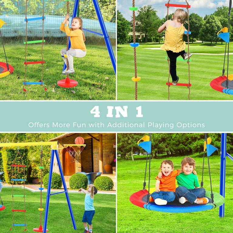 4 in 1 Outdoor Toddler Saucer Swing Set for Kids Backyard, Playground Tree  Swing Sets with Steel Frames, Climbing Rope with Disc Tree Swing Playset  and Basketball Hoop 