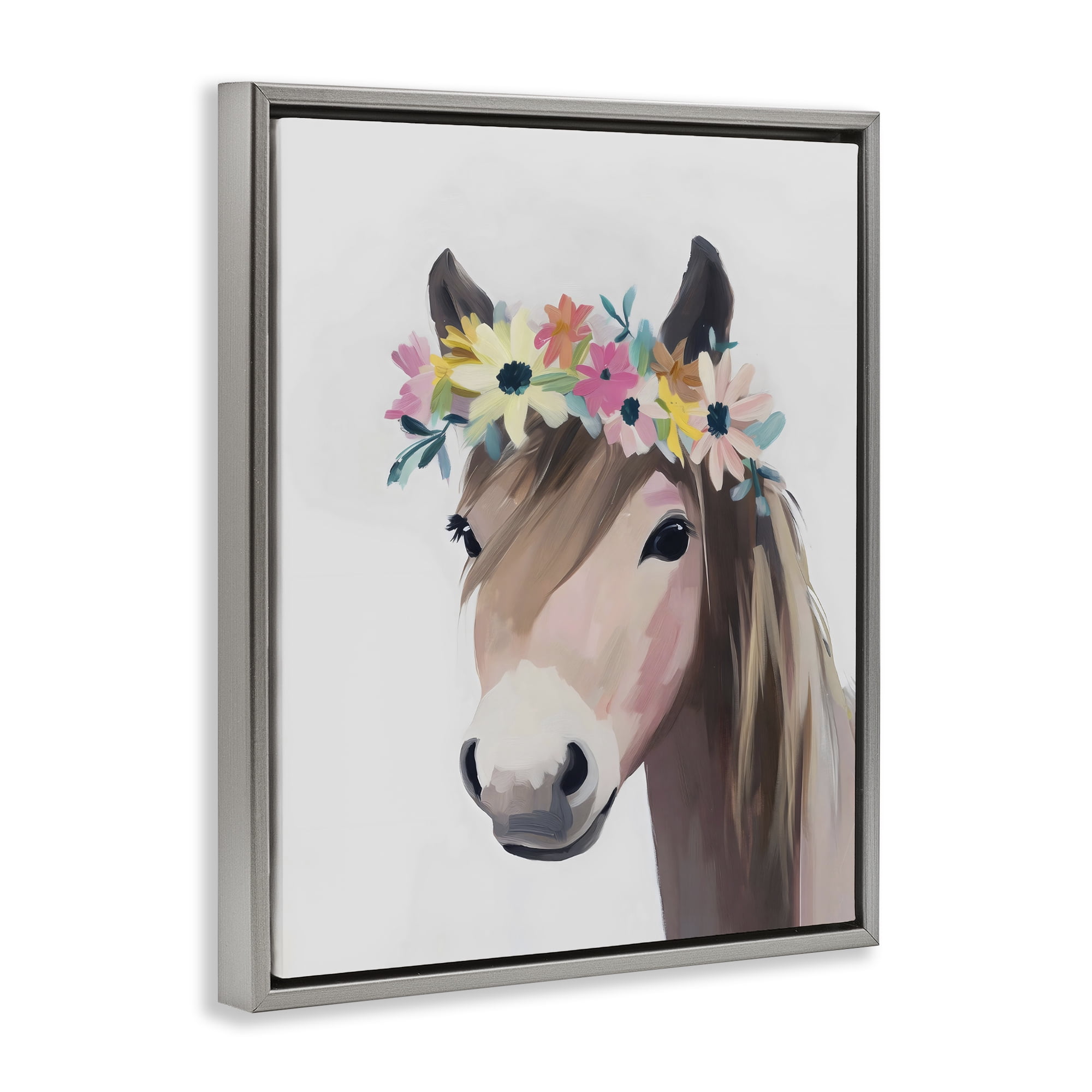 Stupell Industries Flower Crown Horse Gray Framed Floater Canvas Wall Art, design by The Prints Vibe