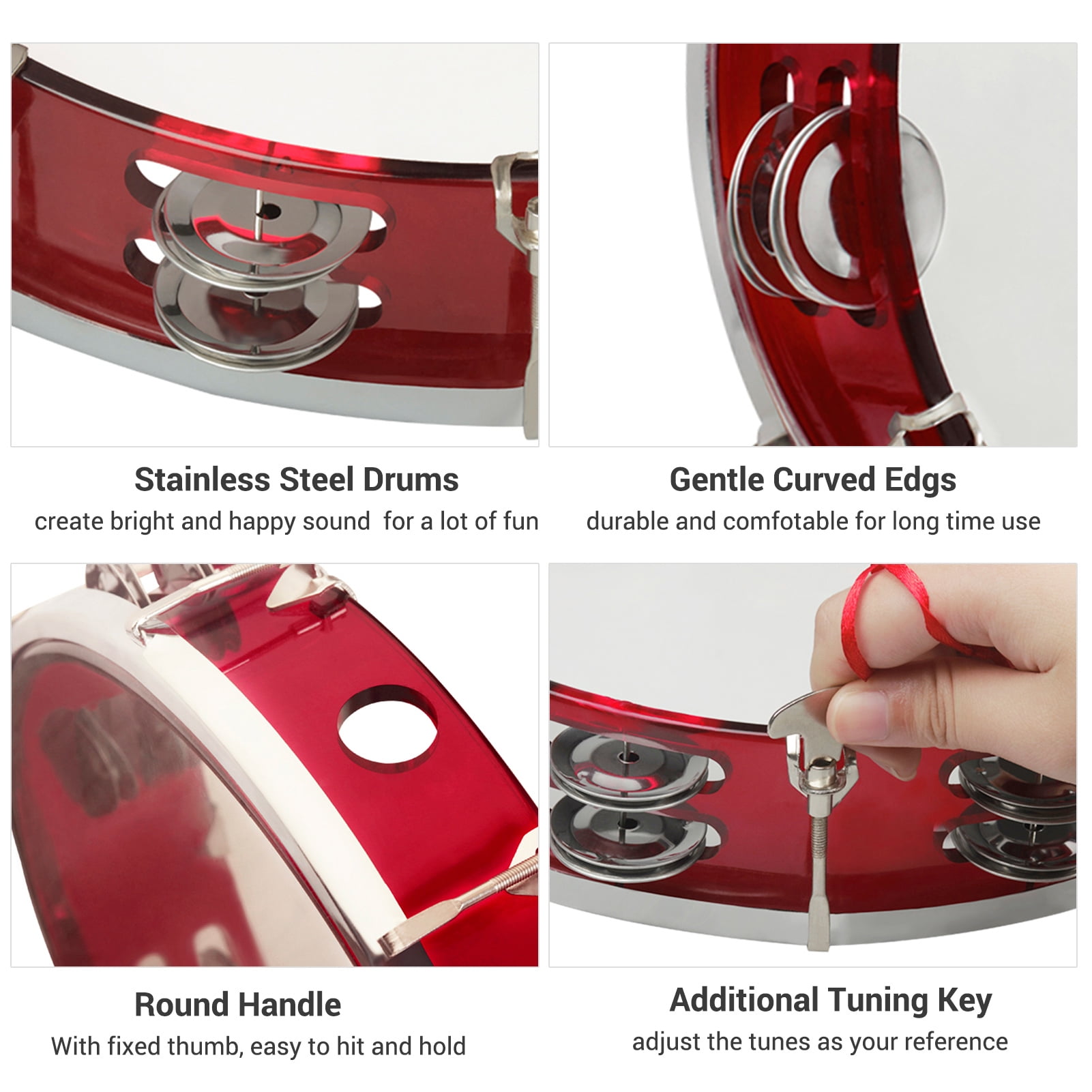 OWSOO 10 Inch Handheld Tambourine Double Row Tambourine Drum Set Percussion Instrument Musical Instrument for Church Performance Adults with Tuning Key Red