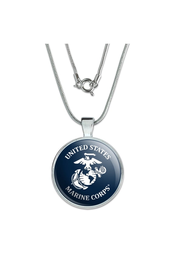 United States Marine Corps USMC White Blue Logo Officially Licensed 1" Pendant with Sterling Silver Plated Chain