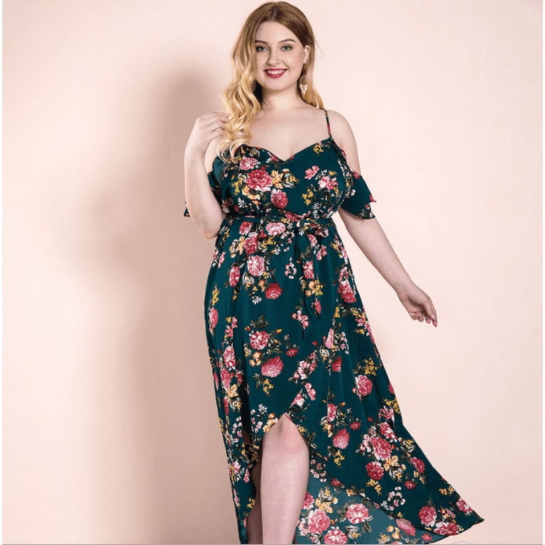 Women Plus Size High Waist Boho Floral Cold Shoulder Split Maxi Dress -  Walmart.com
