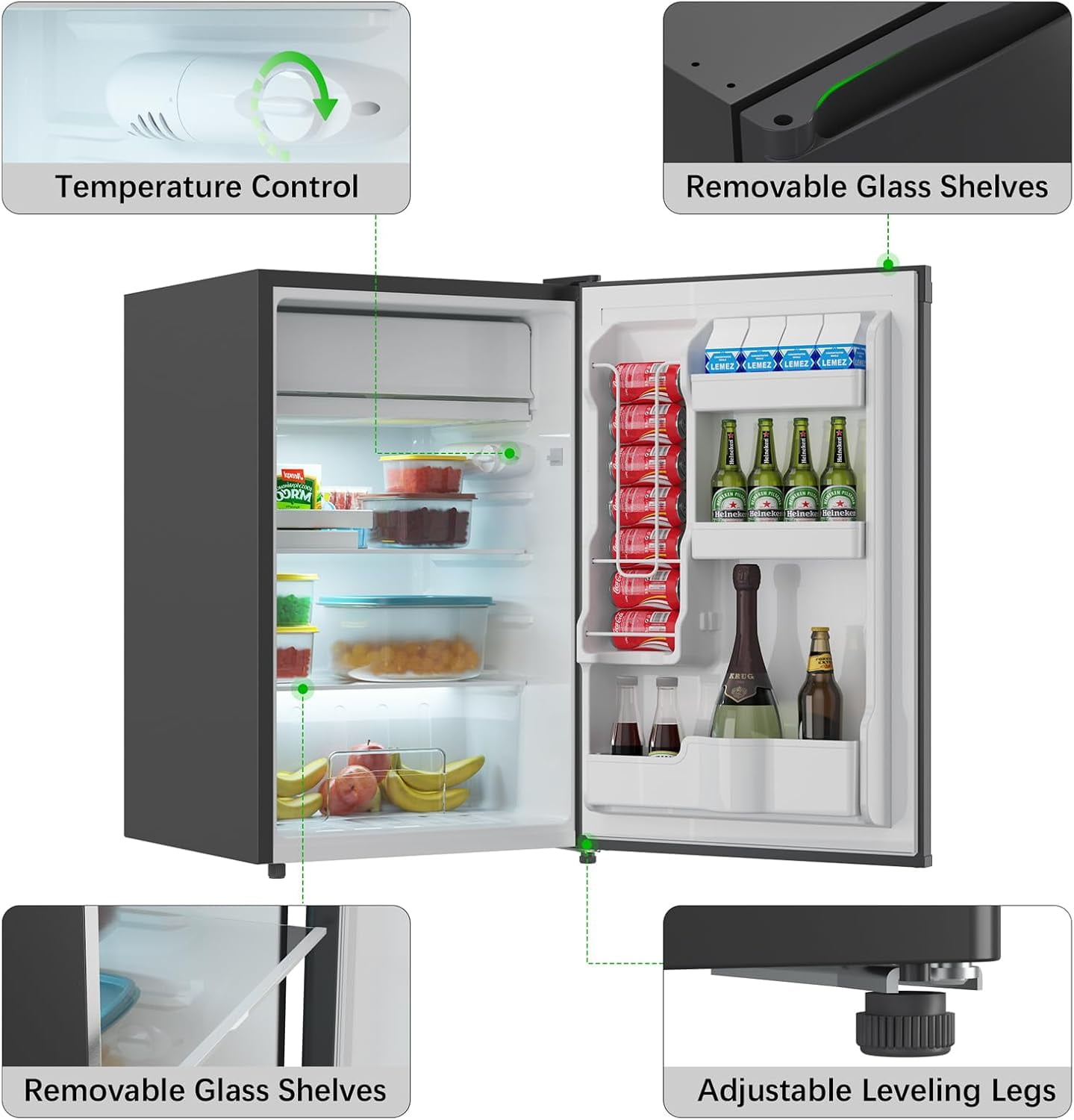4.3 Cu.Ft Mini Fridge with Freezer, Single Door Mini Fridge, 7 Settings Temperature Adjustable, Mini Refrigerator for Apartment Bedroom, Office, Dorm, Black