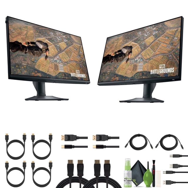 monitor para juegos alienware aw2523hf 24.5' ips led fhd 360hz amd freesync vesa — Vista 3/4 frontal de dos monitores negros de 24.5" (1920x1080) mostrando una escena de videojuego, peana ajustable con base en V y biseles delgados; accesorios abajo: cables DisplayPort, HDMI, USB y kit de limpieza; indicado tiempo de respuesta 0.5 ms, adecuado para setups de streaming y juego competitivo.