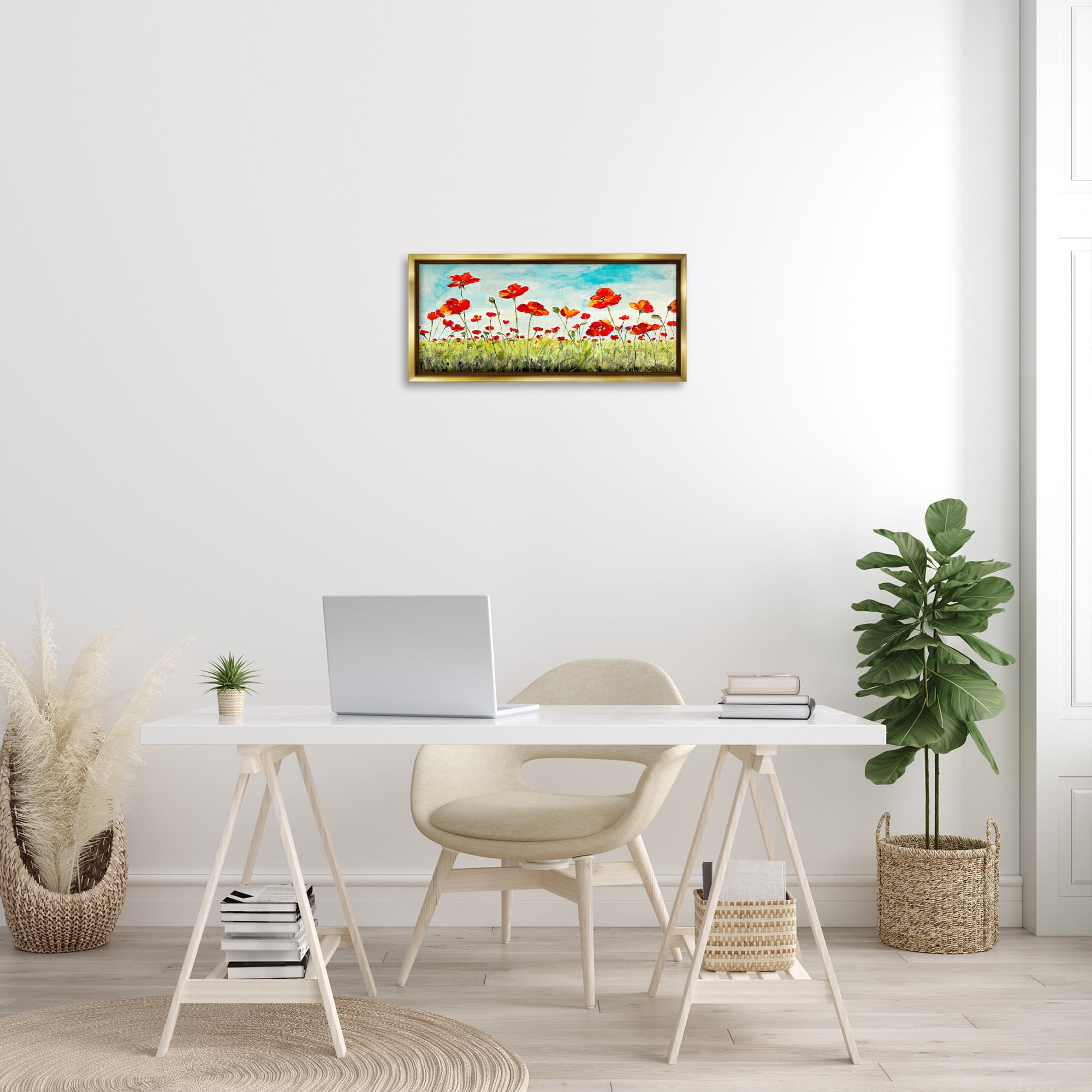 Stupell Industries Bright Red Poppies Meadow Botanical & Floral Painting Gold Floater Framed Canvas Art Print Wall Art, 25 x 11