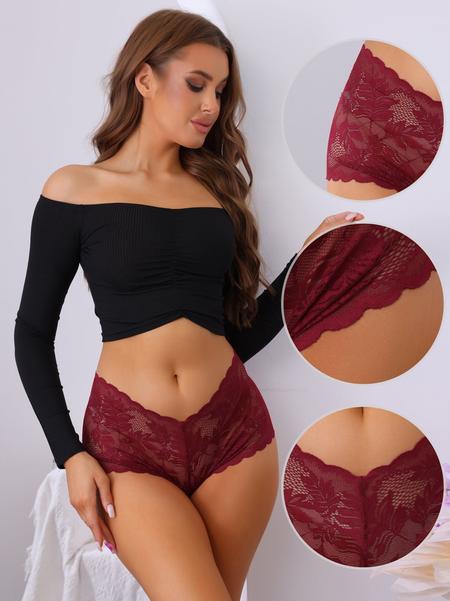 Unique Bargains Women's Mid-Waisted Briefs Coverage Transparent Lace Panties Red M