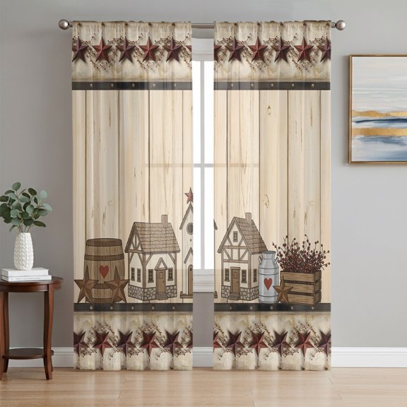 Barn Star Wooden Sheer Curtains 84 Inch Length 2 Panels Set, Grey Farmhouse Berry Botanical Voile Window Treatment Rod Pocket Curtains Sheers Drapes for Bedroom/Living Room/Kitchen 52"x84"x2
