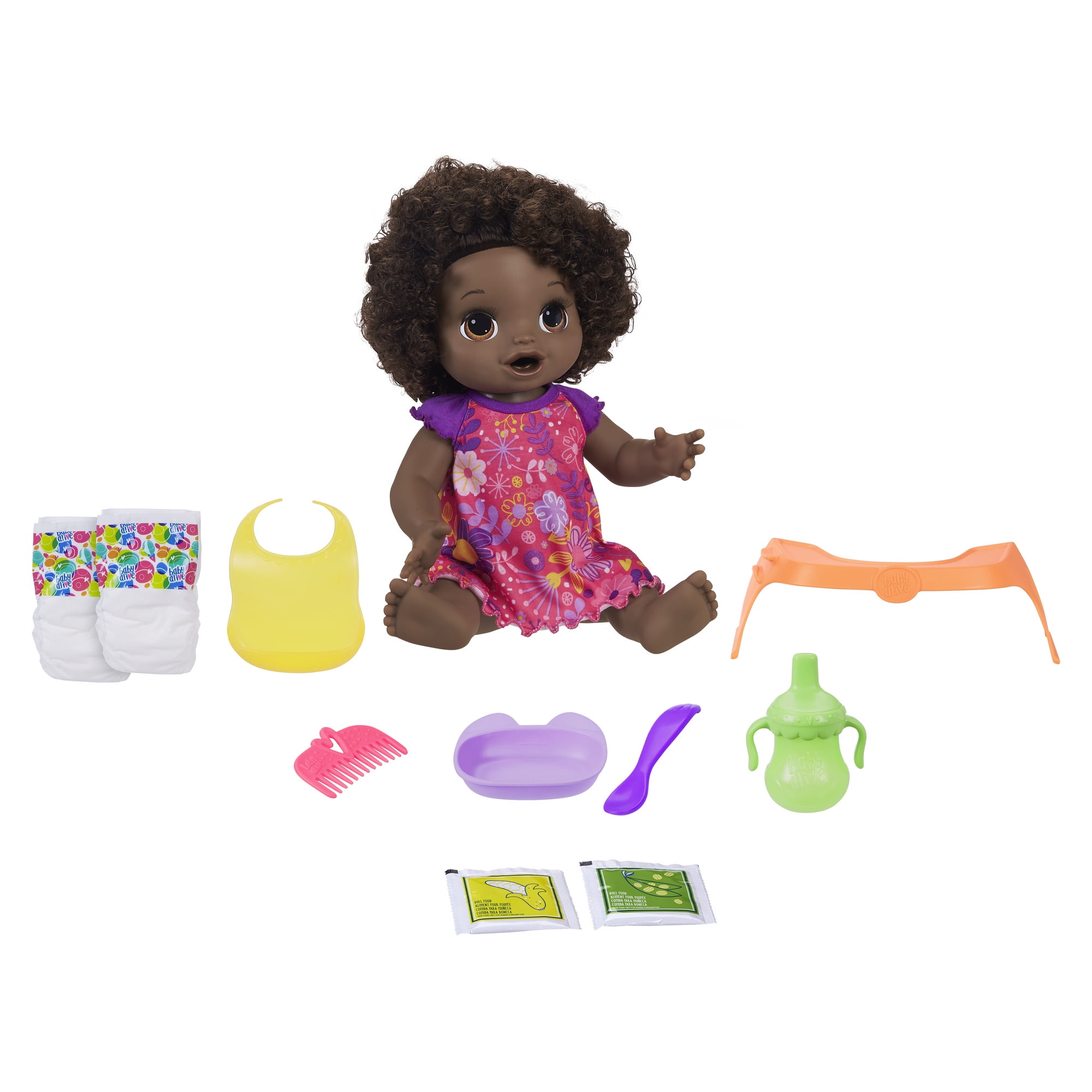 Baby Alive Happy Hungry Baby Black Curly Hair, 50+ Sounds, Eats, Drinks -  