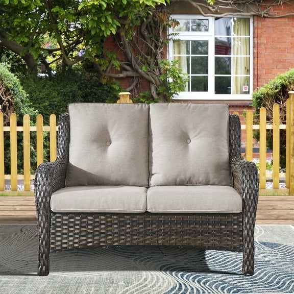 PARKWELL Patio Rattan Seat Sofa Cushioned Loveseat,Outdoor Wicker Furniture,Beige