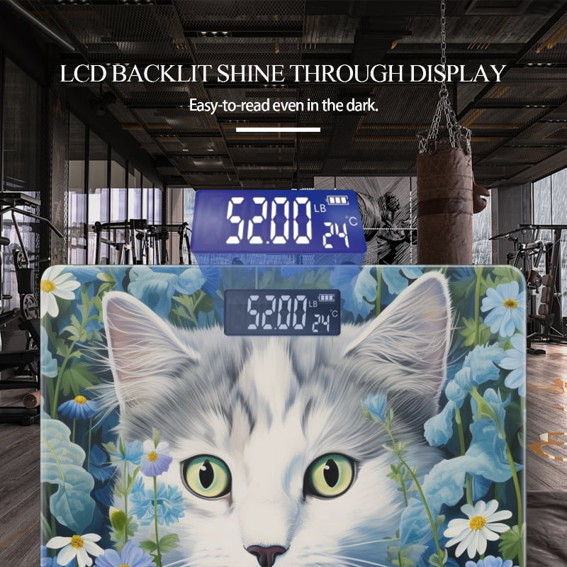 High Precision Body Weight Scale Smart Bathroom Scales with Large LCD Display(400lbs),Decorative for Bedroom-Gray And White Cat With Green Eyes Surrounded By Blue Daisies
