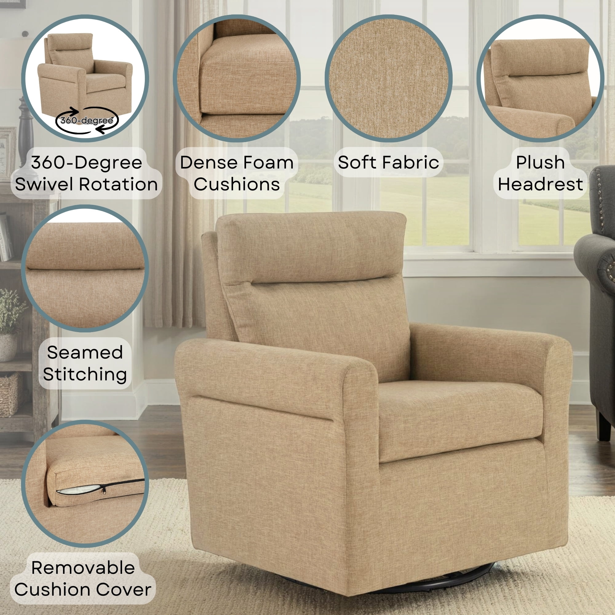 Convenience Concepts Take a Seat Olivia Swivel Accent Armchair, Tan Fabric