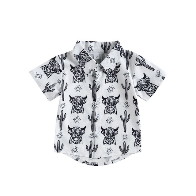 Opperiaya Chemise Garçon, Manches Courtes à Revers Imprimé Bull, Hauts Amples Décontractés de Fête de Rue pour Printemps Été 6 m-4 A