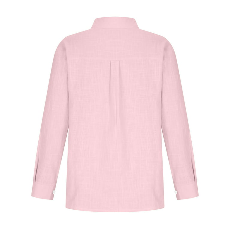 YYDGH Womens Long Sleeve Button Down Shirts V Neck Cotton Linen Blouses  Roll Up Casual Work Plain Solid Color Tops Pink S