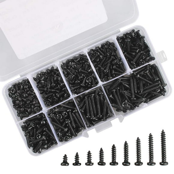 shiyou-450 Pcs M3 Phillips Self Tapping Screws, Black Self Tapping Screw Countersunk, Carbon Steel Round Head Screw for Plastic Wood Soft Metal (9 Sizes)