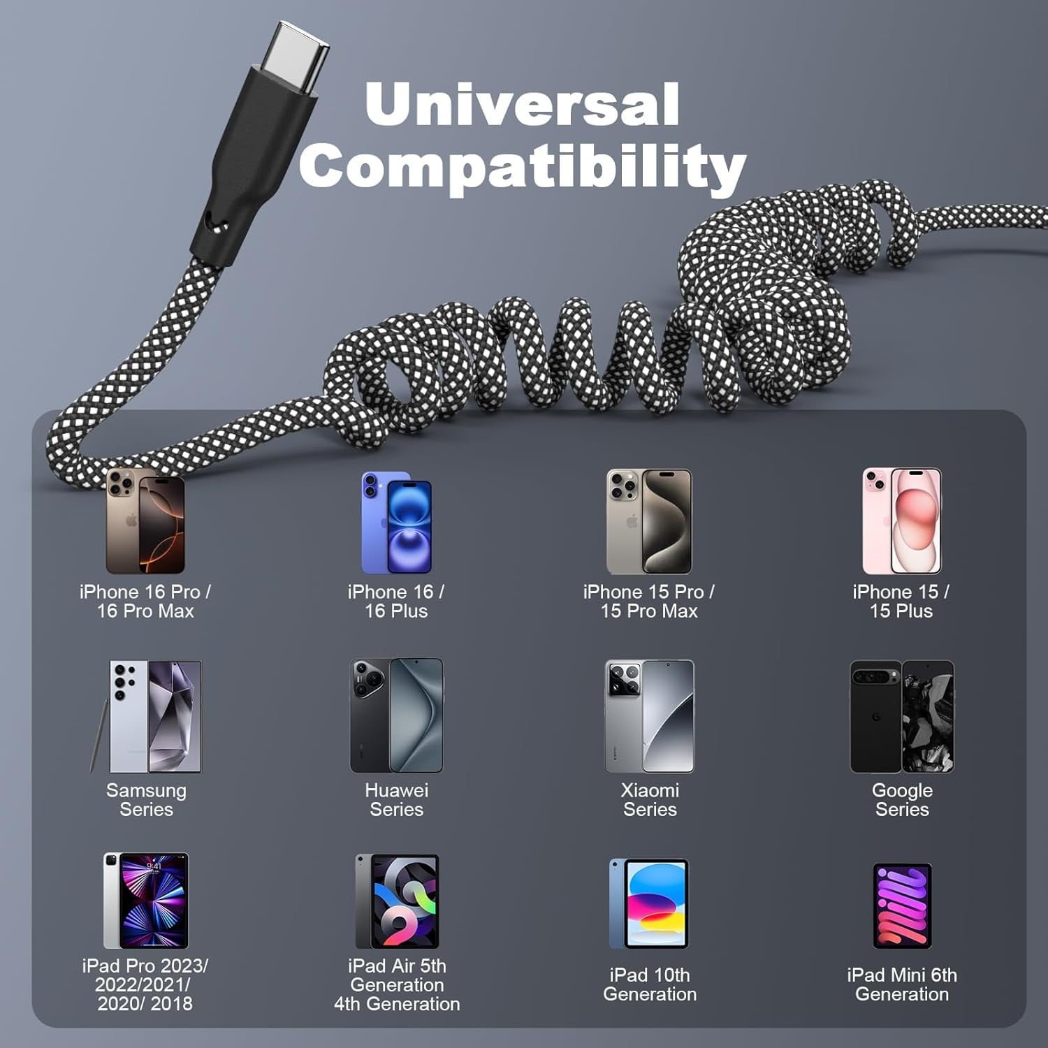 Coiled Carplay Car Charger Fast Charging，[2-Pack, 3ft] Retractable Braid USB A to USB C Cable for iPhone 17/17 Air/16/15/Plus/Pro Max/MacBook Pro, USB C Cord,Grey