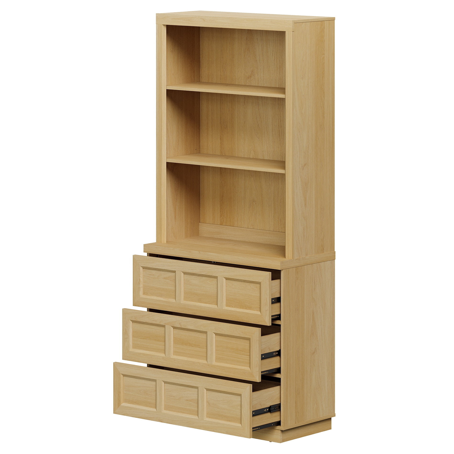 HOMOOI Integrated Bookcase,Boho Rustic Wood Grain Freestanding Book Shelf with Open Display Shelves & 3 Rebound Handle-Free Drawers, Anti-Wobble Bookcase for Living Room,Home Office,Oak