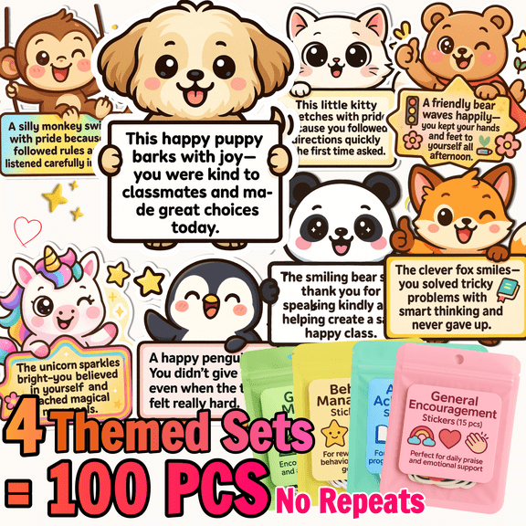 Large Kawaii Animal Motivational Stickers Pack 100 PCS – Big Classroom Reward Stickers for Kids Teens Teachers – 4 Themed Sets: Behavior, Growth, Achievement, Encouragement