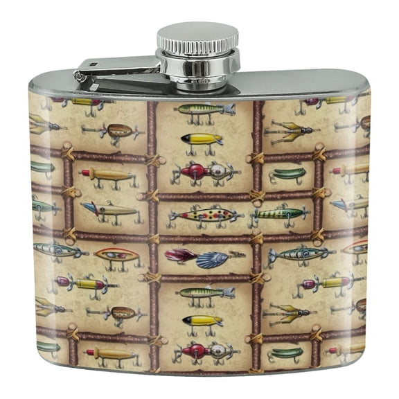 Antique Lures Fish Fishing Stream Fly Stainless Steel 5oz Hip Drink Kidney Flask