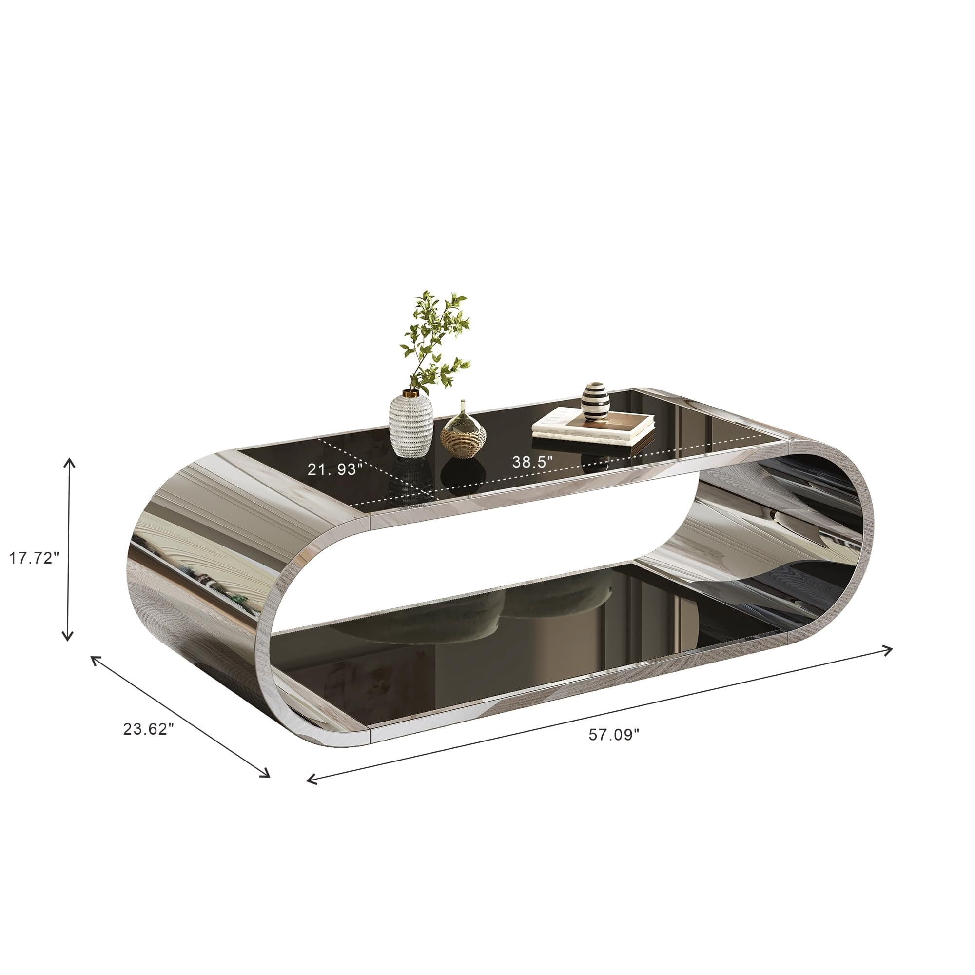 Shikeyi 57" Modern Oval Coffee Table with Silver Stainless Steel Base, 2-Tier Black Tempered Glass Top, Luxury Curved Center Table for Living Room, Home Office, Apartment, Unique Glam Decor