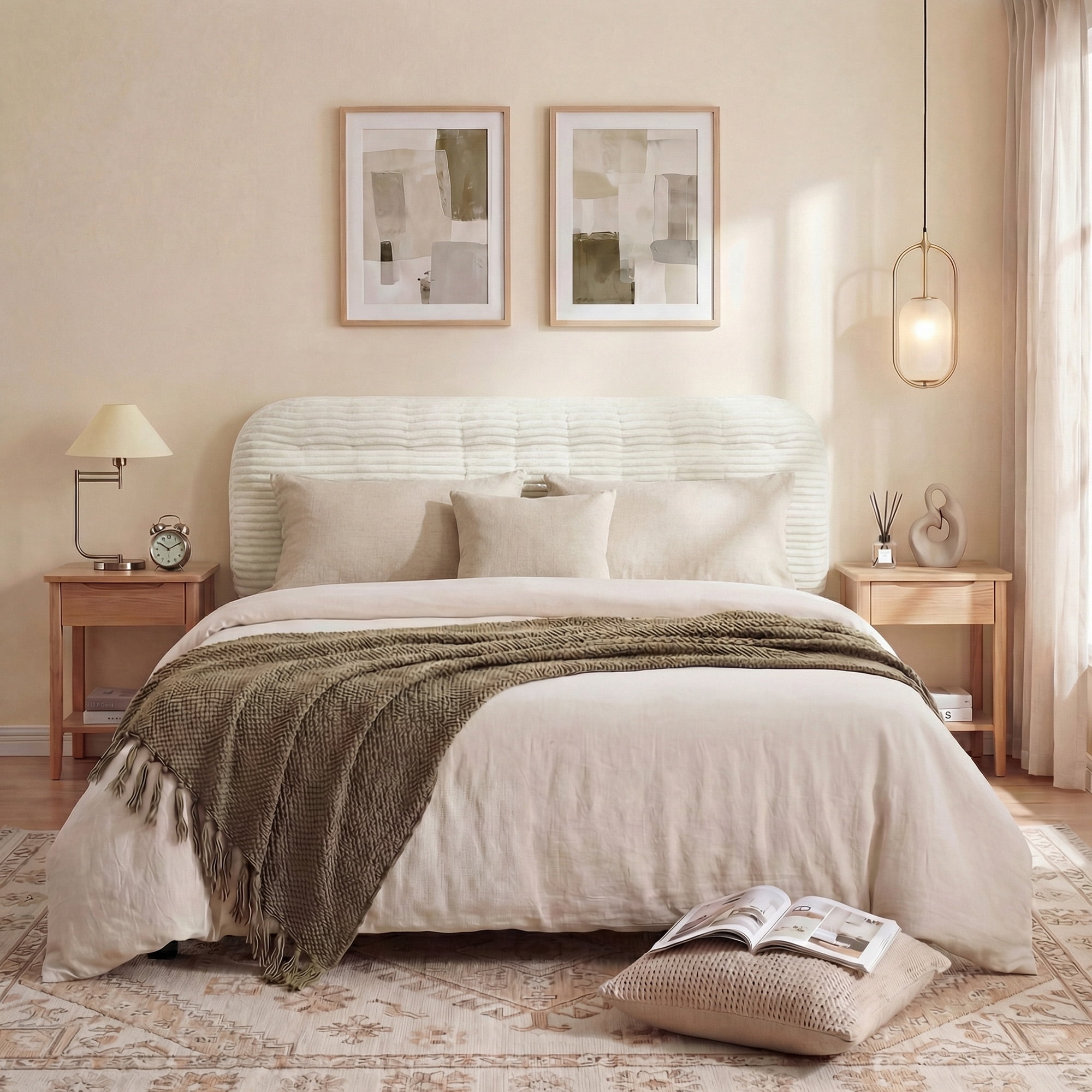 Modern Home Upholstered Twin Headboard,Stick on Headboard with Side Storage Bag, Headboard with Twin Size Memory Foam Head Board for Bedroom, Beige,Corduroy