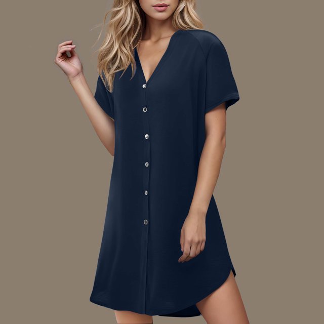 Offres de la Semaine Cagogo Robe d'Été Courte pour Femmes Robe de Pyjama Ample Décontractée à Manches Courtes Boutonnée Col en V Mignonne pour Vacances