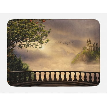Cartoon Bath Mat, Cloudscape with a Dreamy Castle from a Balcony Print in Pastel Colors, Plush Bathroom Decor Mat with Non Slip Backing, 29.5" X 17.5", Ecru and Multicolor, by Ambesonne