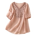 thumbnail image 2 of Vintage Boho T Shirts for Women 2026 Summer Casual Cotton Linen Elbow Sleeve V Neck Floral Embroidery Graphic Tees, 2 of 6