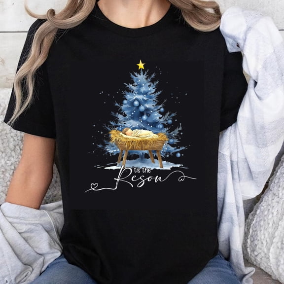 100% Cotton Christmas Tree With Baby Jesus In Manger Is The Reason For The Season T-Shirt Women Men Holiday Christmas Shirt