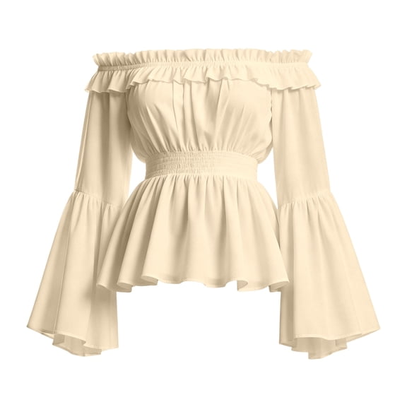FUZHIQ Womens Renaissance Victorian Peasant Ruffle Smocked Waist Boho Pirate Shirt Blouse with Belt Set for Halloween Cos Party Dress