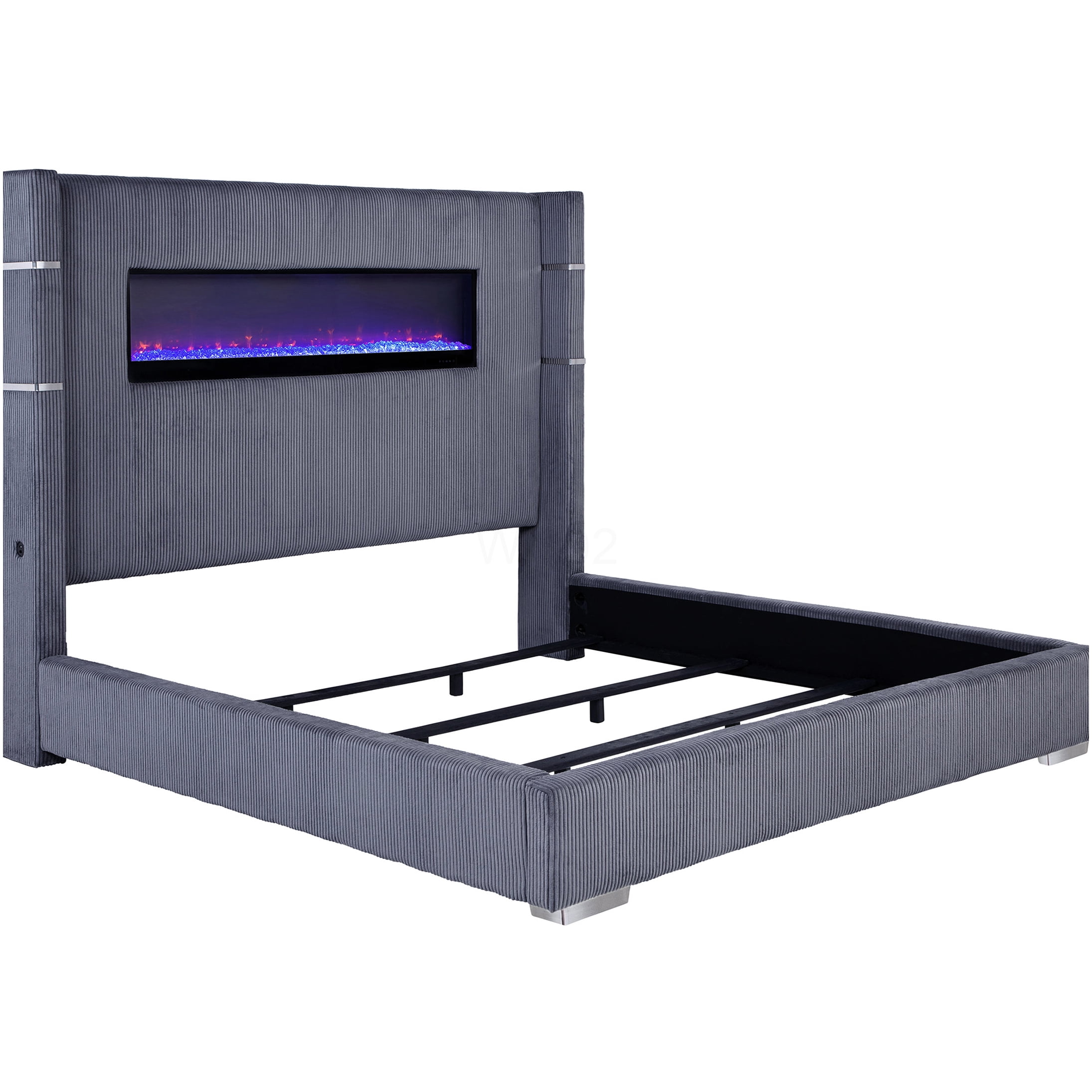 Modern King Size Upholstered Bed Frame with RGB Flame Effects & Storage, Remote Control, Wingback Headboard, Grey