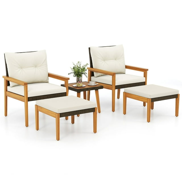 Gymax Ensemble de Meubles en Rotin 5 Pcs Cadre en Bois Chaises et Ottomans avec Table Basse Carrée