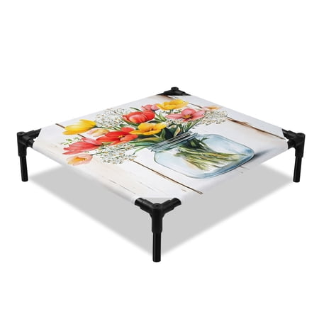 Red Yellow Floral Spring Watercolor Flower Wood Grain Farmhouse Elevated Dog Bed Cooling Breathable Outdoor Raised Dog Cot Bed with Metal Frame Non-Slip Feet for Small Dog 20x20in
