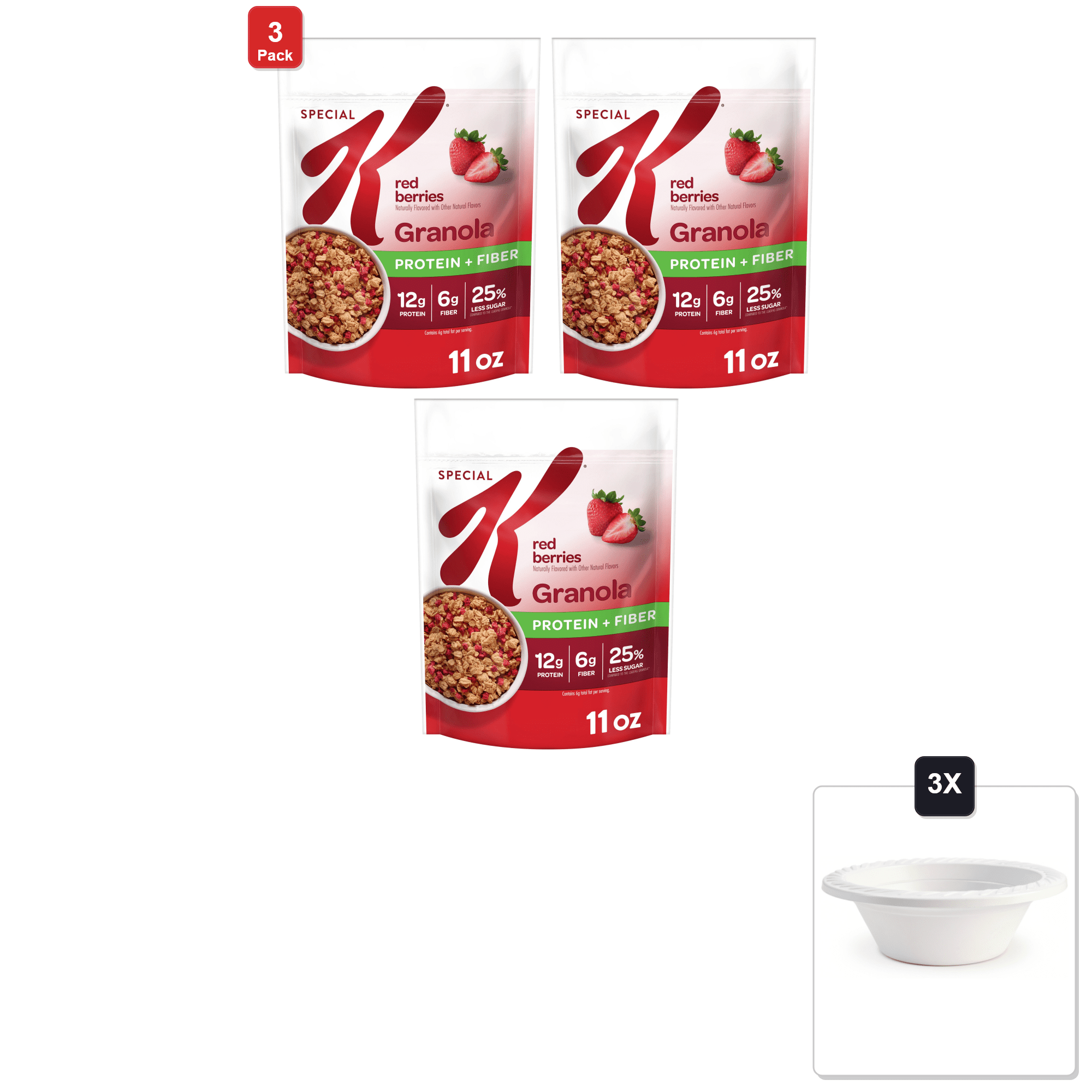 3 Pack | Kellogg’S Special K Granola, Protein Granola, Red Berries, 11 oz Bag (1 Bag) & 3x 12oz Disposable Plastic Bowl
