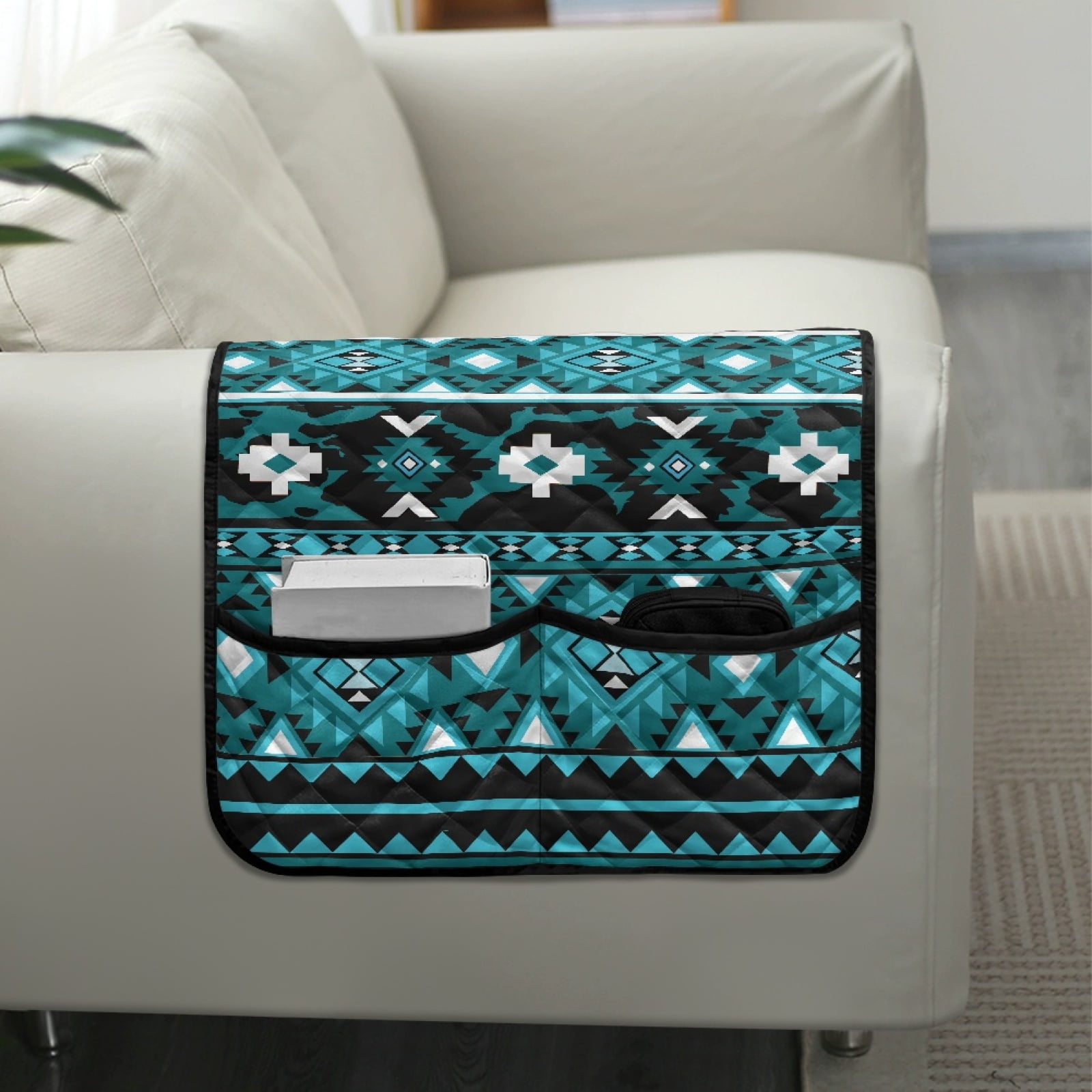 TSOVTHRID Blue Aztec Tribal Geometric Print Arm Rest Cover for Sofa with 2 Pockets Dustproof Chairs Arm Covers Anti-scratch Furniture Protector for Pet Dog Cats Easy to Install