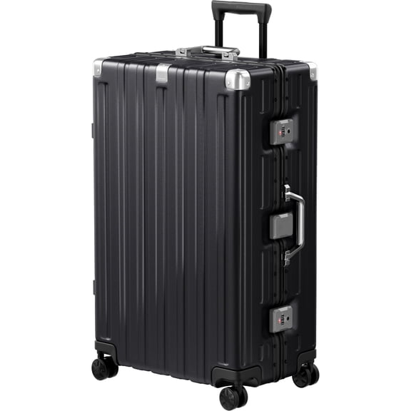 Checked Luggage Aluminum Frame Suitcase with Wheels PC ABS Hardside Zipperless with TSA Lock 28 Inch Black