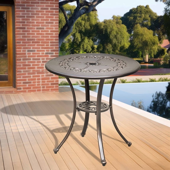 Dextrus 25" Outdoor Dining Table with Umbrella Hole, Round Cast Aluminum Patio Dining Table for Backyard, Garden, Patio, Porch, Black