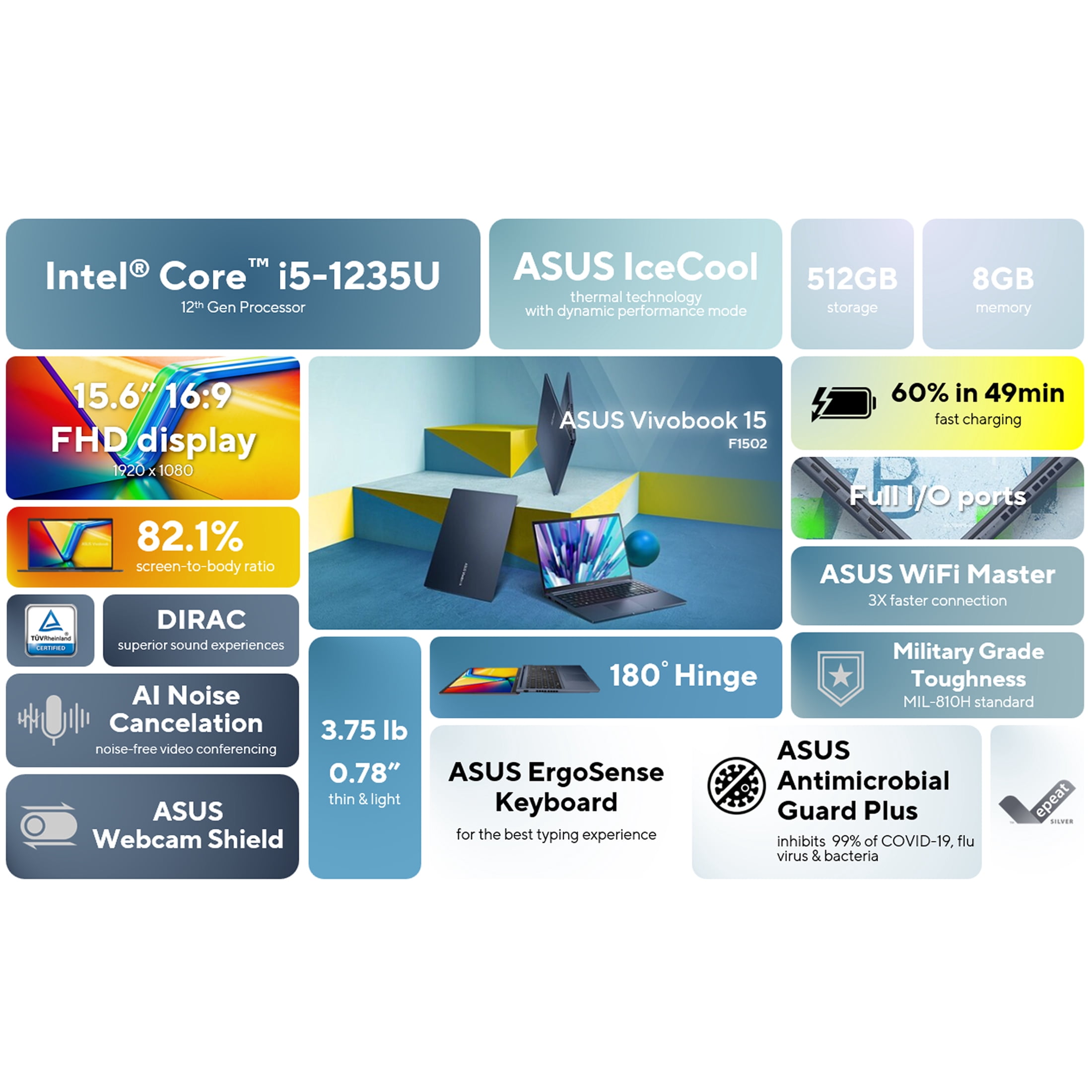 Restored ASUS Vivobook 15.6 inch Windows Laptop Intel Core i5-1235U 8GB RAM 512GB SSD Quiet Blue